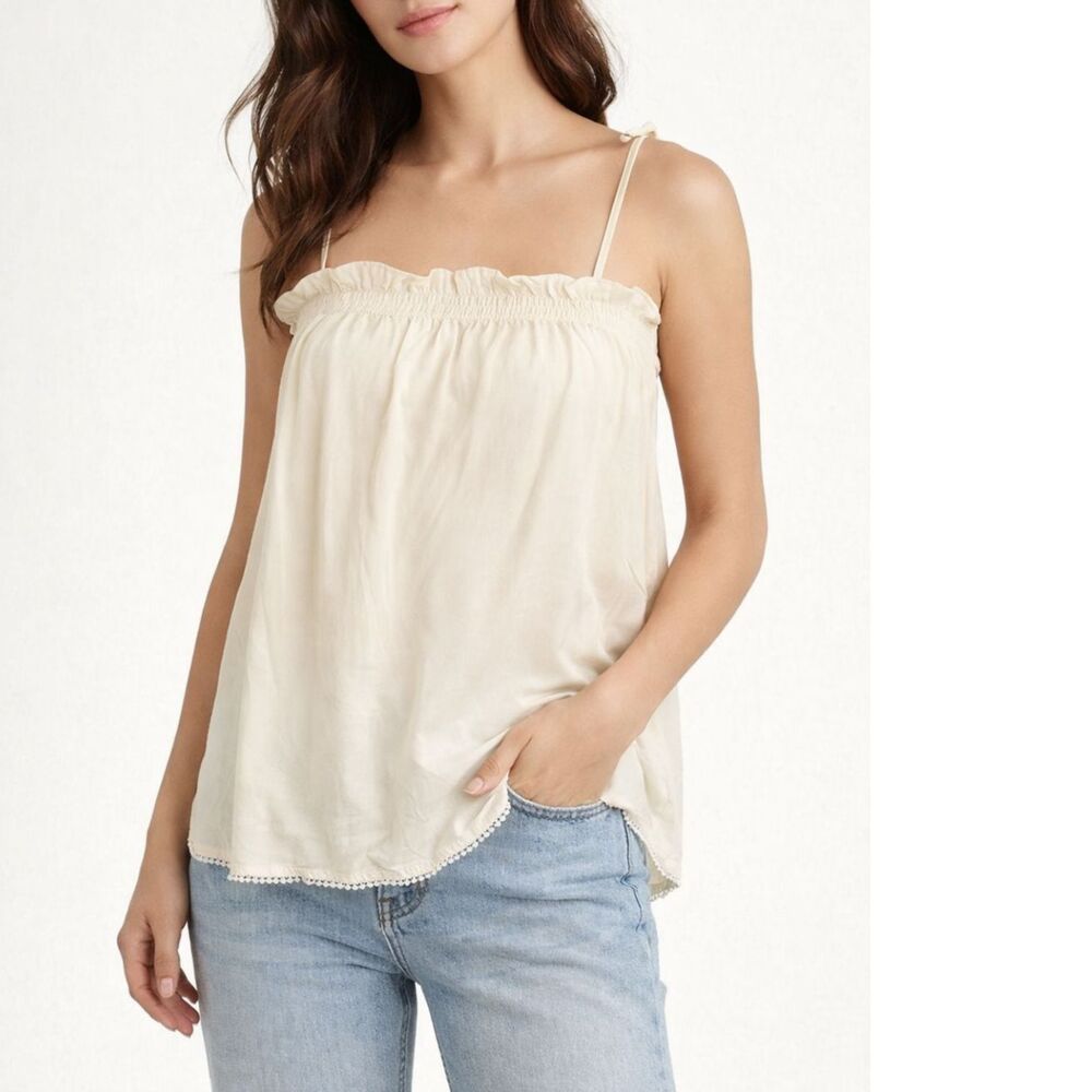 Touche Ruffle Trim Slip Blouse Women's Small Cream Summer Casual Lightweight Tie